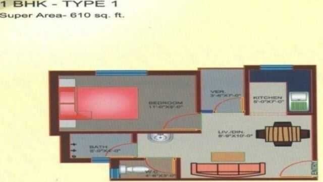 Floor plan of 1 BHK 610 Sq. Ft. Apartment in Jaguar Aryan Apartments, Noida