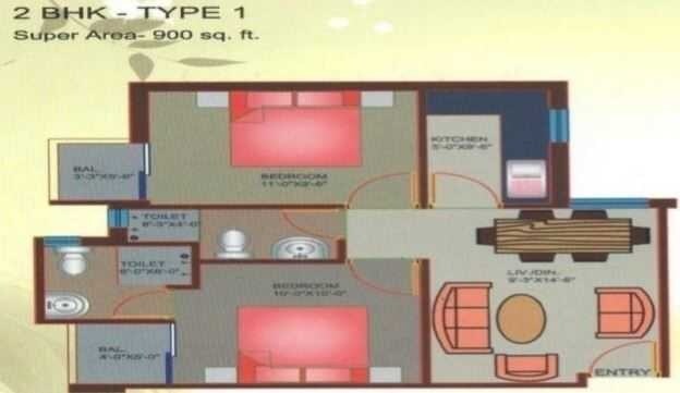 Floor plan of 2 BHK 900 Sq. Ft. Apartment in Jaguar Aryan Apartments, Noida
