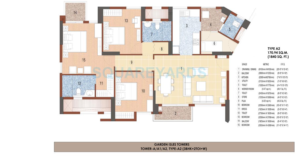 Floor plan of 3 BHK 1840 Sq. Ft. Apartment in Jaypee Greens Garden Isles, Noida