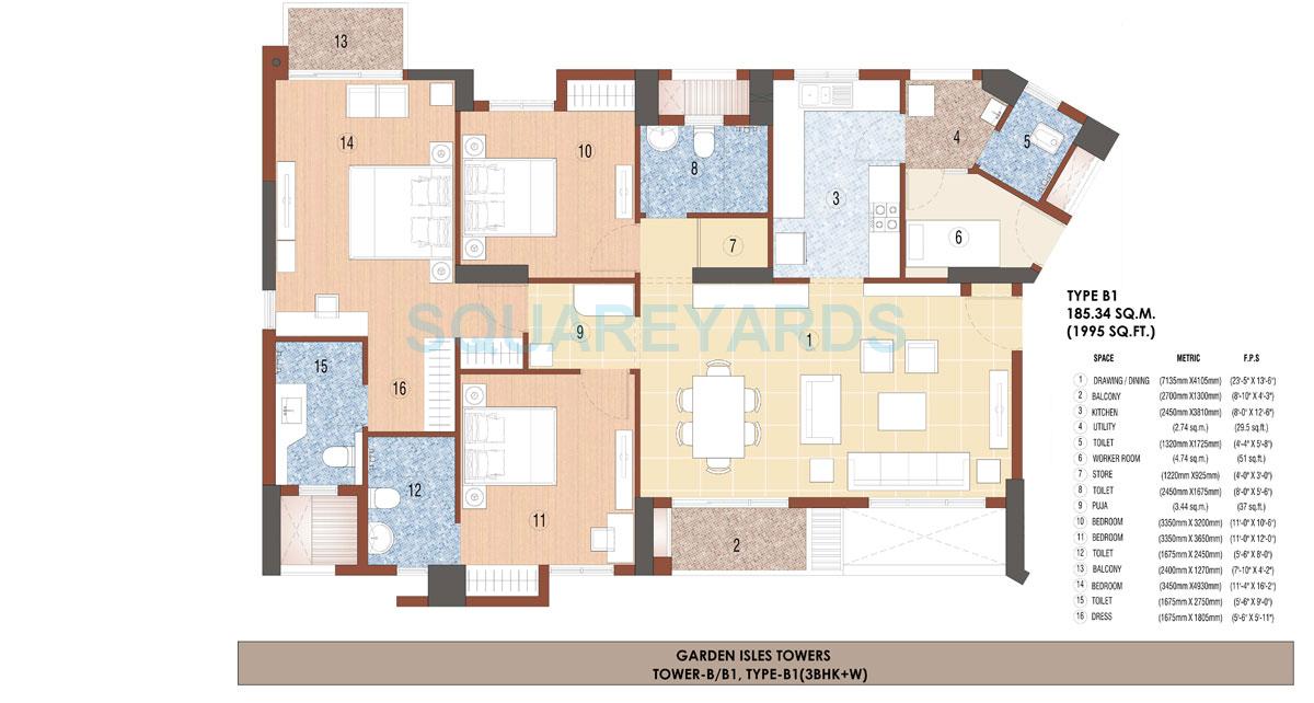Floor plan of 3 BHK 1995 Sq. Ft. Apartment in Jaypee Greens Garden Isles, Noida