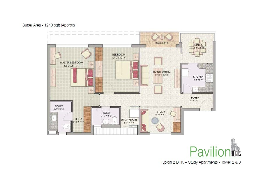 Floor plan of 2 BHK 1240 Sq. Ft. Apartment in Jaypee Green Pavillion Heights, Noida