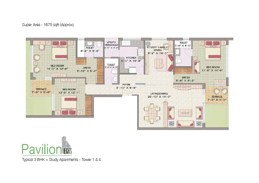 Floor plan of 3 BHK 1675 Sq. Ft. Apartment in Jaypee Green Pavillion Heights, Noida