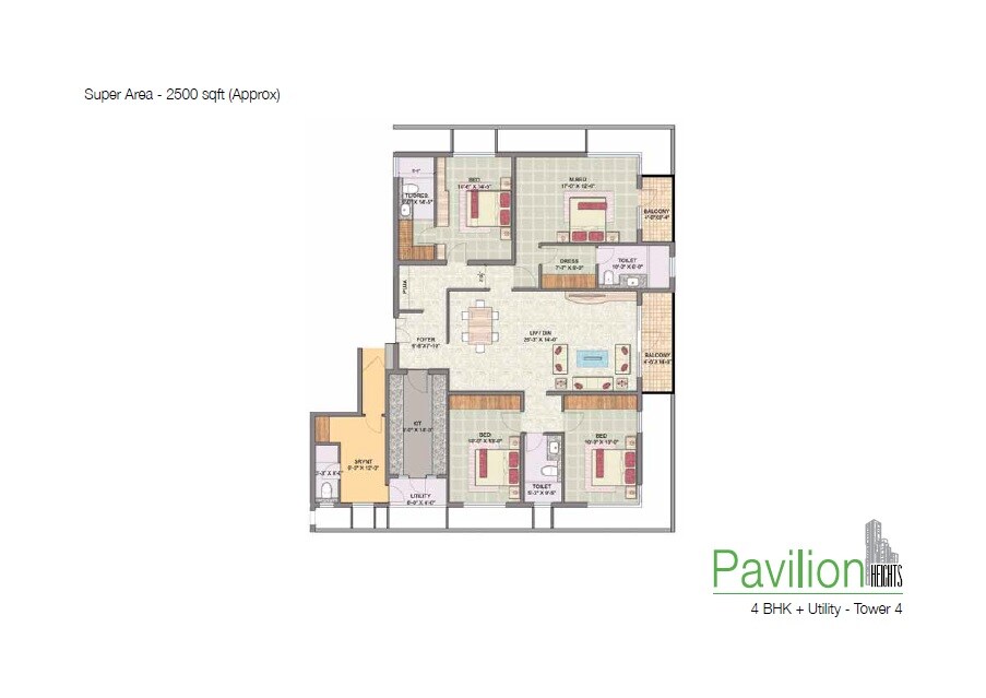 Floor plan of 4 BHK 2500 Sq. Ft. Apartment in Jaypee Green Pavillion Heights, Noida