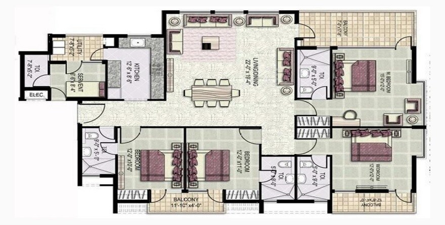 Floor plan of 4 BHK 2500 Sq. Ft. Apartment in Jaypee Green Wish town Klassic, Noida