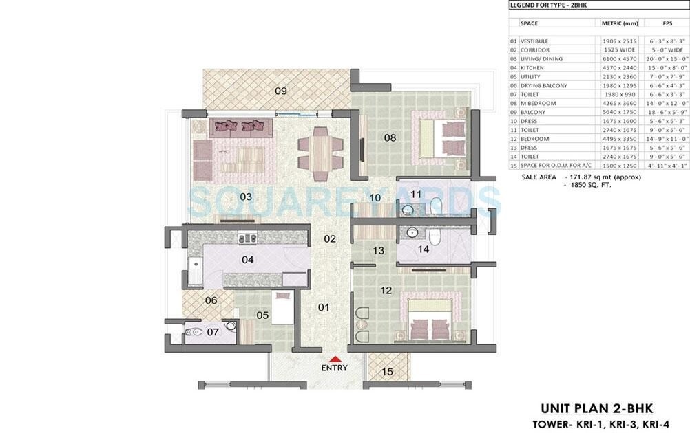 Floor plan of 2 BHK 1850 Sq. Ft. Apartment in Jaypee Green Wish Town Kristal Court 1, Noida