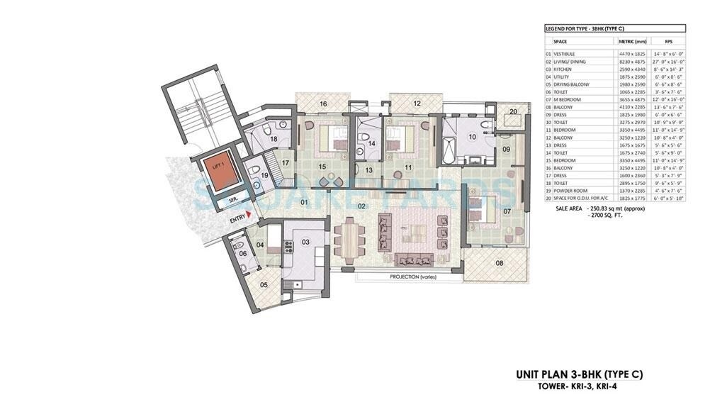 Floor plan of 3 BHK 2700 Sq. Ft. Apartment in Jaypee Green Wish Town Kristal Court 1, Noida