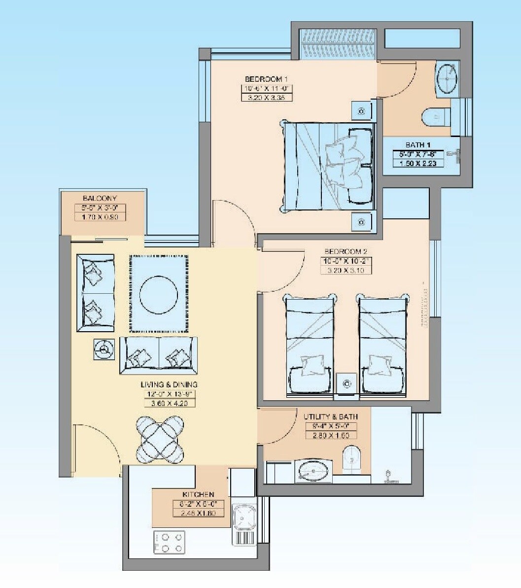 Floor plan of 2 BHK 928 Sq. Ft. Apartment in Jaypee Greens Aman, Noida