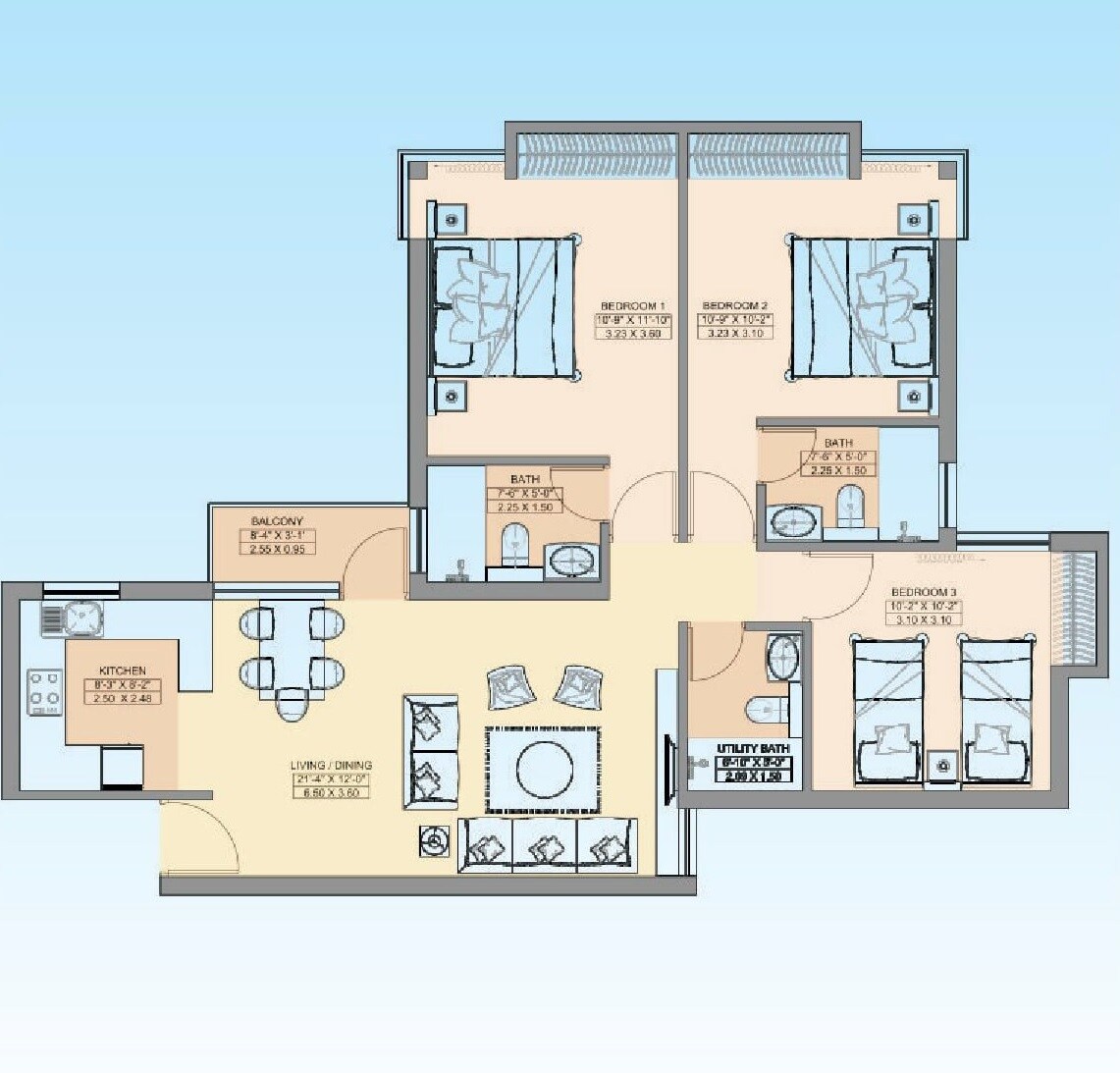 Floor plan of 3 BHK 1293 Sq. Ft. Apartment in Jaypee Greens Aman, Noida