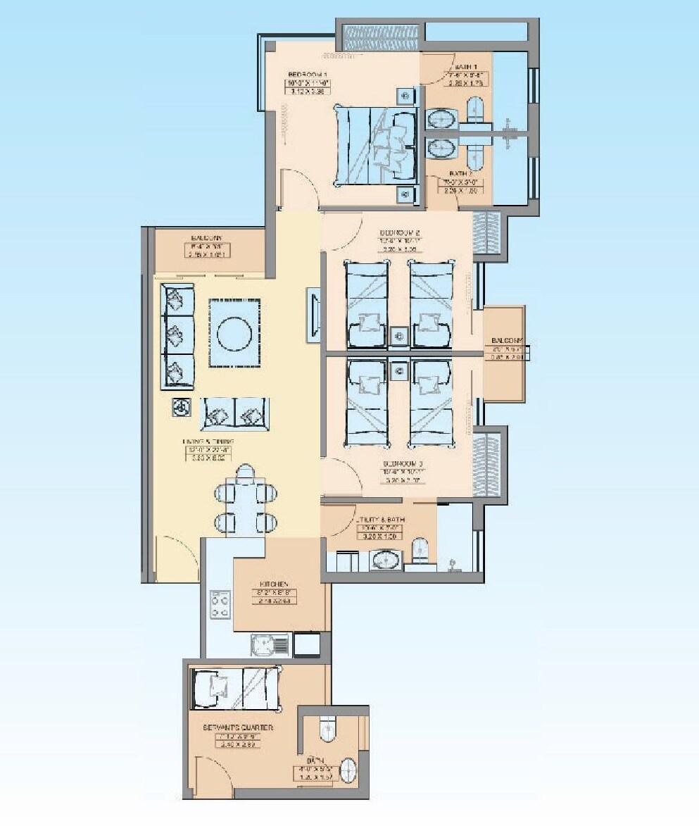 Floor plan of 3 BHK 1430 Sq. Ft. Apartment in Jaypee Greens Aman, Noida
