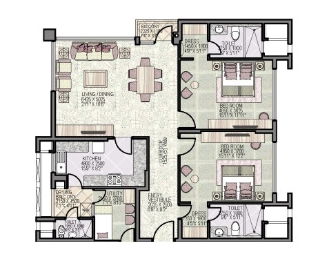 Floor plan of 2 BHK 1790 Sq. Ft. Apartment in Jaypee Greens Kalypso Court, Noida