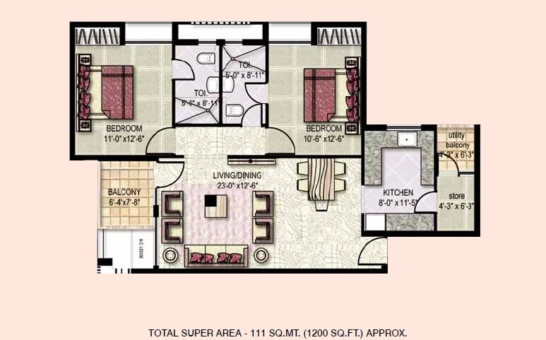 Floor plan of 2 BHK 1200 Sq. Ft. Apartment in Jaypee Greens Klassic Heights, Noida