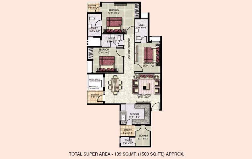 Floor plan of 3 BHK 1500 Sq. Ft. Apartment in Jaypee Greens Klassic Heights, Noida
