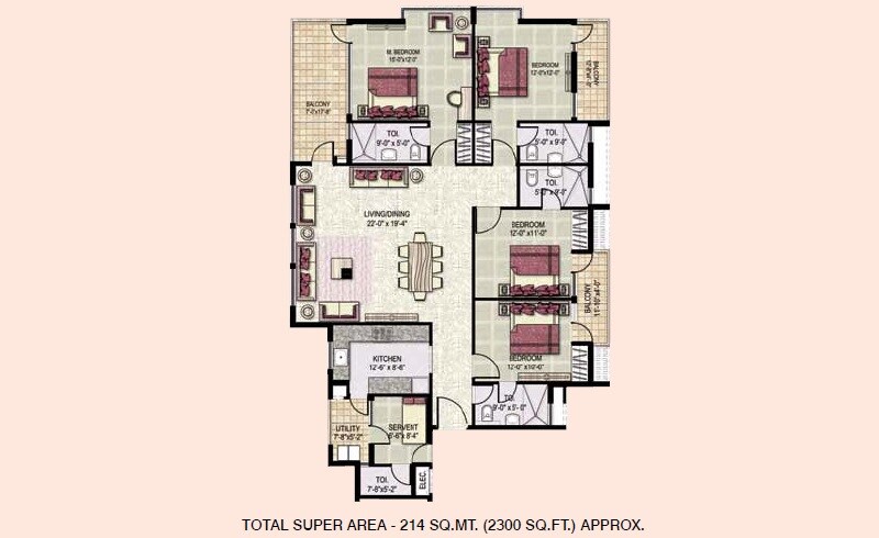 Floor plan of 4 BHK 2300 Sq. Ft. Apartment in Jaypee Greens Klassic Heights, Noida