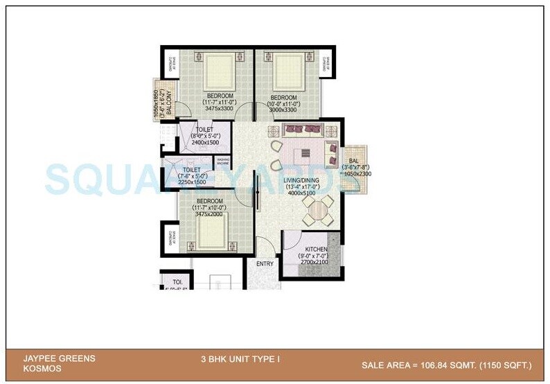 Floor plan of 3 BHK 1150 Sq. Ft. Apartment in Jaypee Greens Kosmos, Noida