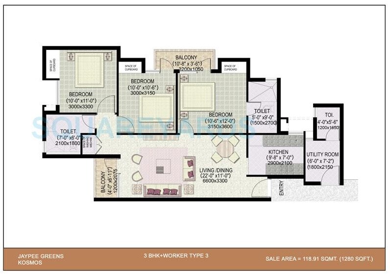 Floor plan of 3 BHK 1280 Sq. Ft. Apartment in Jaypee Greens Kosmos, Noida