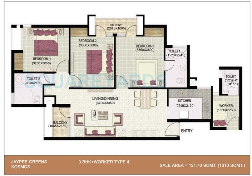 Floor plan of 3 BHK 1310 Sq. Ft. Apartment in Jaypee Greens Kosmos, Noida