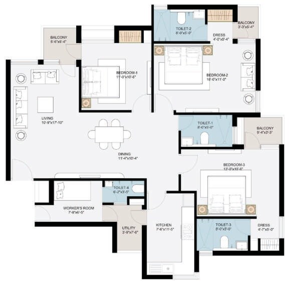 Floor plan of 3 BHK 1740 Sq. Ft. Apartment in Jaypee Greens Kube Sector 128, Noida
