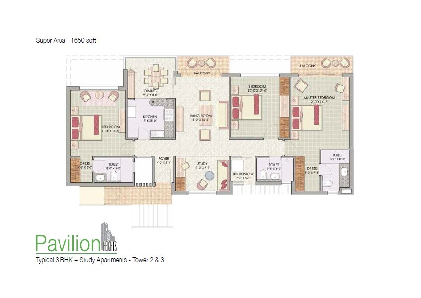 Floor plan of 3 BHK 1650 Sq. Ft. Apartment in Jaypee Greens Pavilion Heights 1, Noida