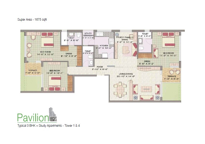 Floor plan of 3 BHK 1675 Sq. Ft. Apartment in Jaypee Greens Pavilion Heights 1, Noida