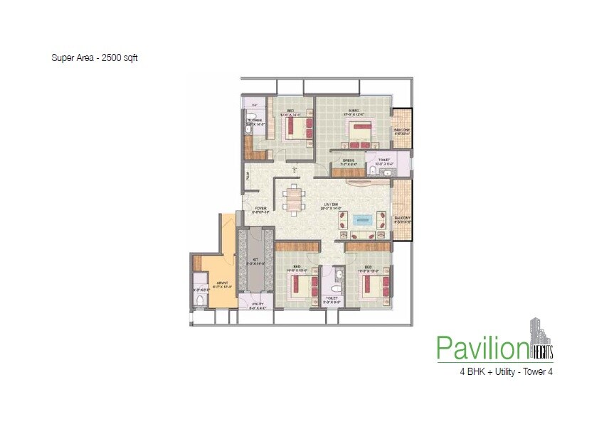 Floor plan of 4 BHK 2500 Sq. Ft. Apartment in Jaypee Greens Pavilion Heights 1, Noida