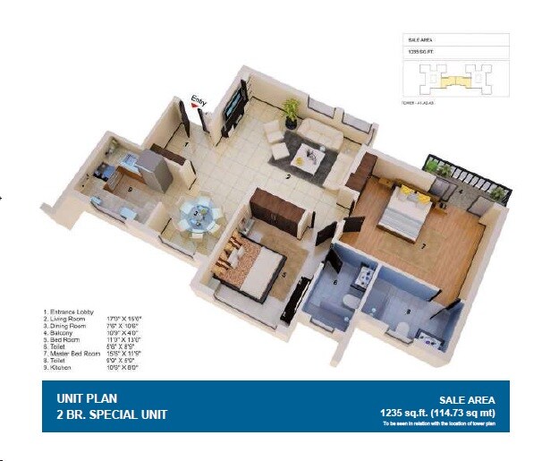 Floor plan of 2 BHK 1235 Sq. Ft. Apartment in Jaypee Greens The Orchards, Noida