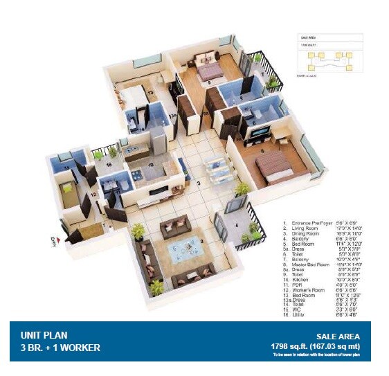 Floor plan of 3 BHK 1798 Sq. Ft. Apartment in Jaypee Greens The Orchards, Noida