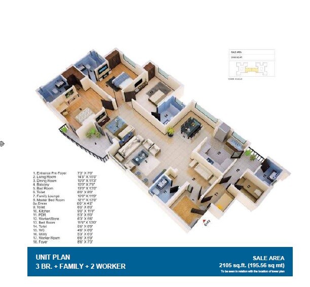 Floor plan of 3 BHK 2105 Sq. Ft. Apartment in Jaypee Greens The Orchards, Noida