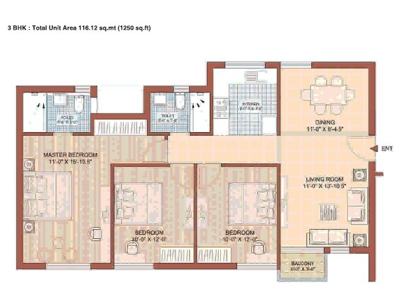 Floor plan of 3 BHK 1250 Sq. Ft. Apartment in Jaypee Kasa Isles, Noida
