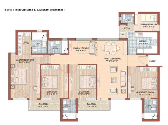 Floor plan of 4 BHK 1870 Sq. Ft. Apartment in Jaypee Kasa Isles, Noida