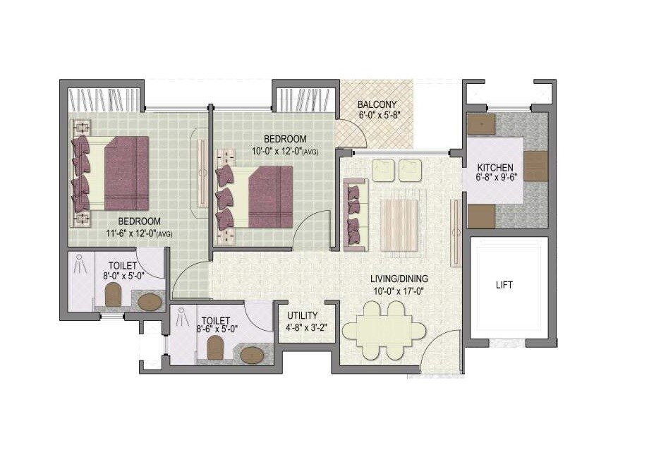 Floor plan of 2 BHK 975 Sq. Ft. Apartment in Jaypee Kensington Boulevard, Noida