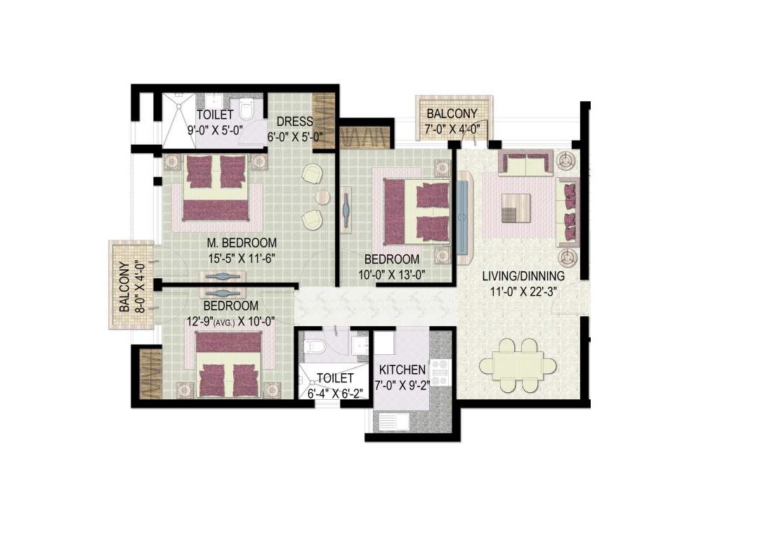 Floor plan of 3 BHK 1320 Sq. Ft. Apartment in Jaypee Kensington Boulevard, Noida