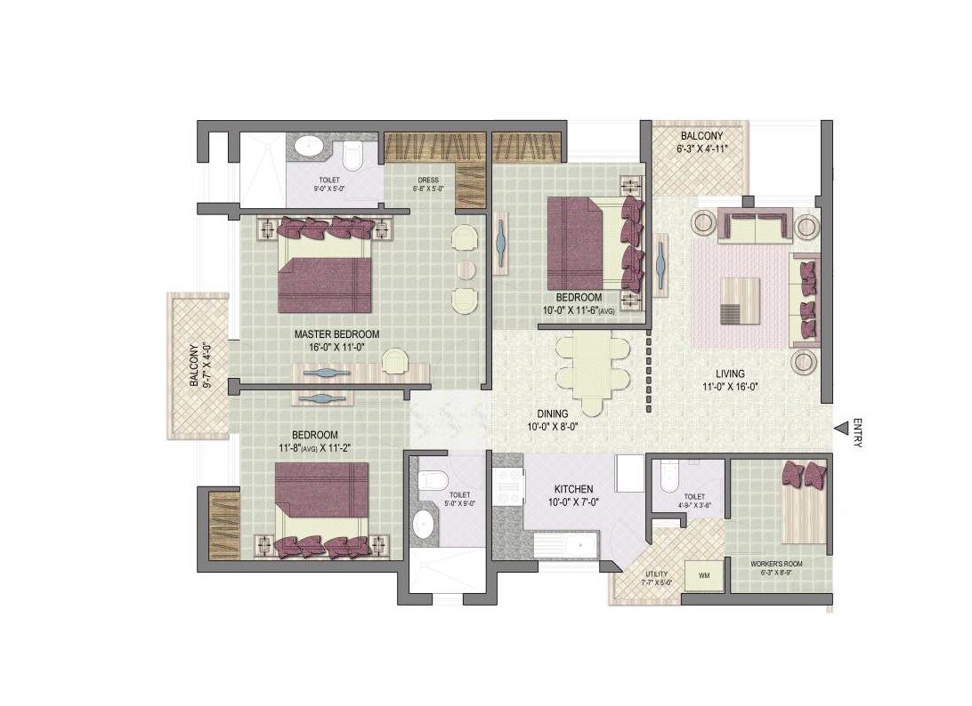 Floor plan of 3 BHK 1420 Sq. Ft. Apartment in Jaypee Kensington Boulevard, Noida
