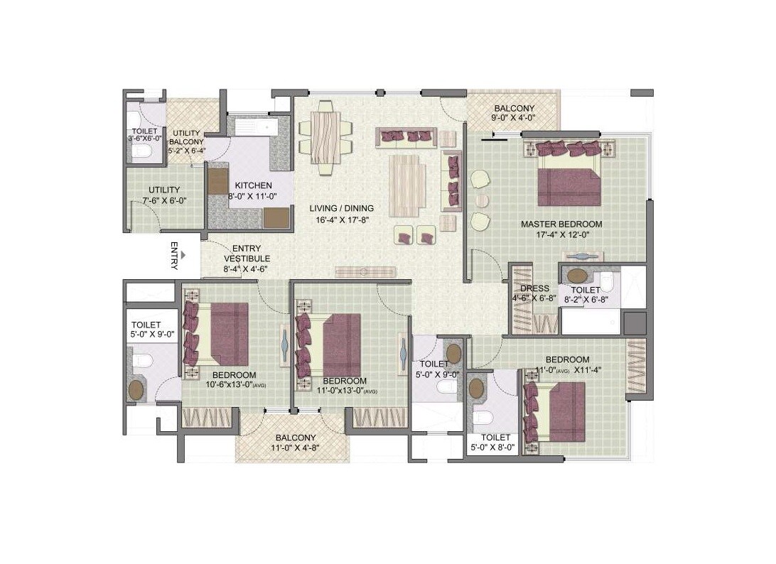 Floor plan of 4 BHK 1930 Sq. Ft. Apartment in Jaypee Kensington Boulevard, Noida