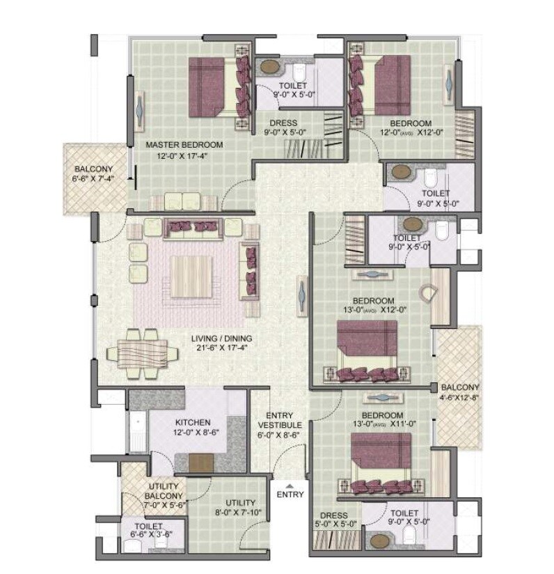 Floor plan of 4 BHK 2250 Sq. Ft. Apartment in Jaypee Kensington Boulevard, Noida