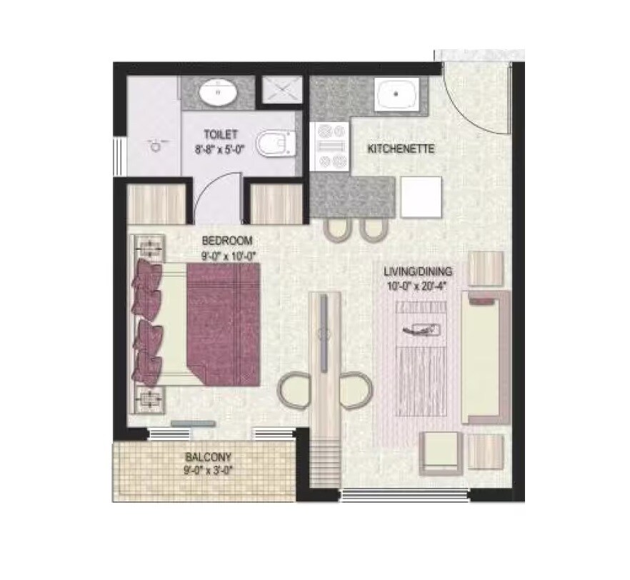 Floor plan of 575 Sq. Ft. Studio in Jaypee Kensington Boulevard, Noida