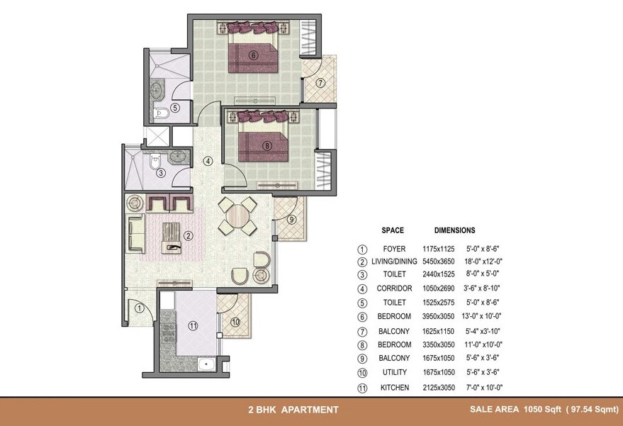 Floor plan of 2 BHK 1050 Sq. Ft. Apartment in Jaypee Kensington Heights, Noida