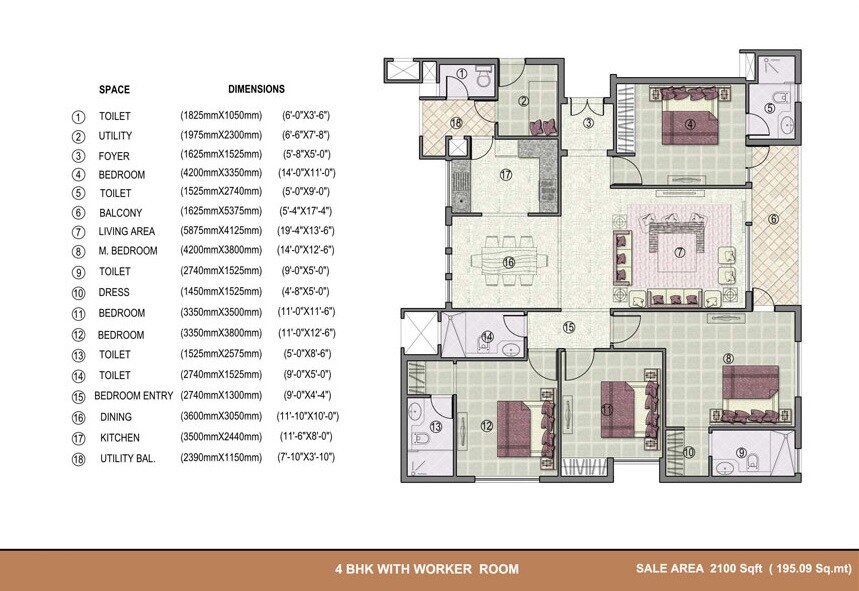 Floor plan of 4 BHK 2100 Sq. Ft. Apartment in Jaypee Kensington Heights, Noida