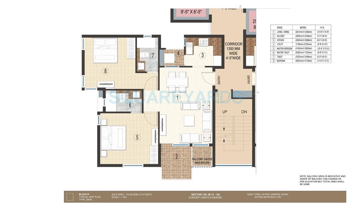 Floor plan of 2 BHK 1115 Sq. Ft. Apartment in Jaypee Krescent Homes Phase II, Noida