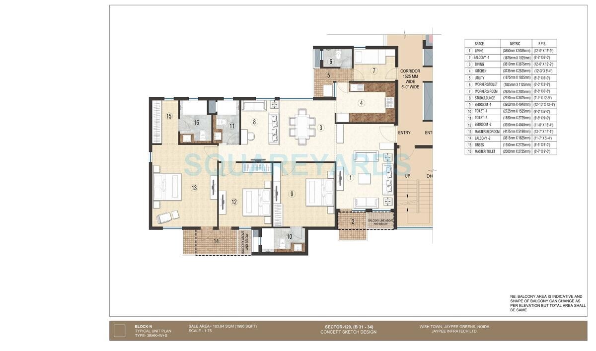 Floor plan of 3 BHK 1980 Sq. Ft. Apartment in Jaypee Krescent Homes Phase II, Noida
