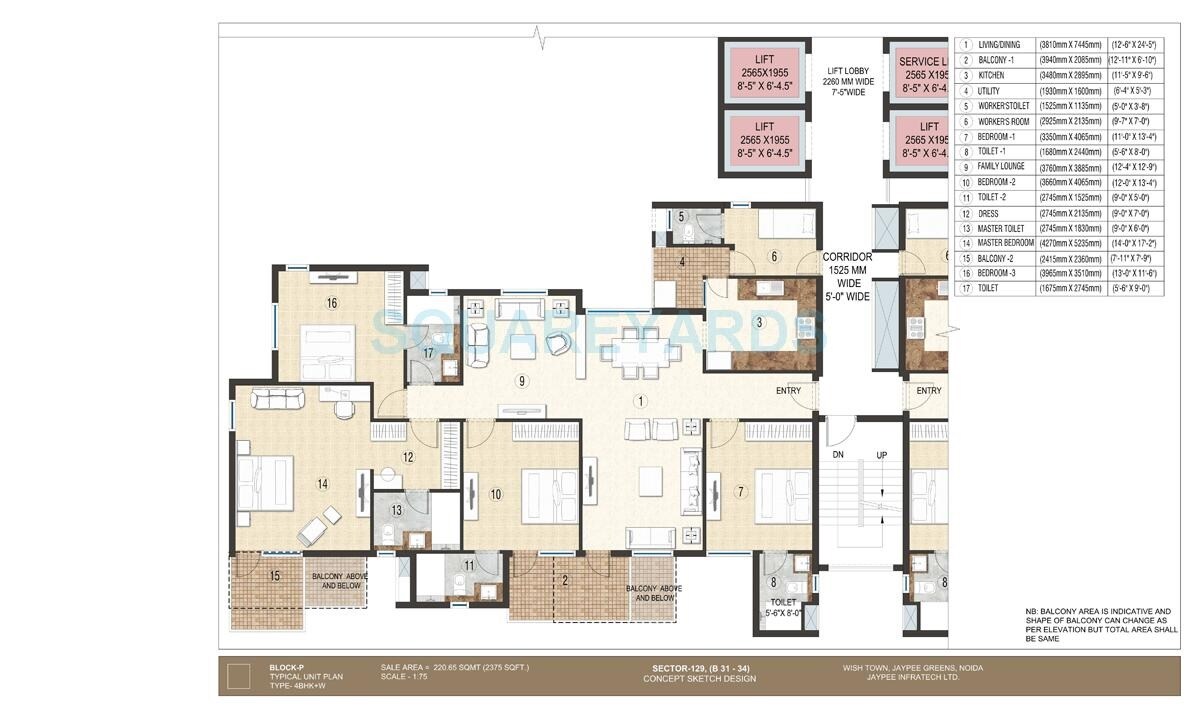 Floor plan of 4 BHK 2375 Sq. Ft. Apartment in Jaypee Krescent Homes Phase II, Noida
