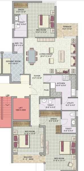Floor plan of 3 BHK 1972 Sq. Ft. Apartment in Jaypee Pavilion Heights IV, Noida