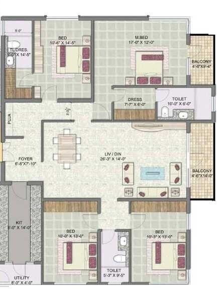 Floor plan of 4 BHK 2676 Sq. Ft. Apartment in Jaypee Pavilion Heights IV, Noida