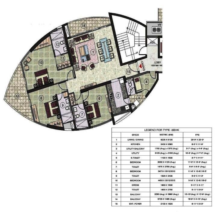 Floor plan of 3 BHK 2555 Sq. Ft. Apartment in Jaypee The Tiara NRI Tower, Noida