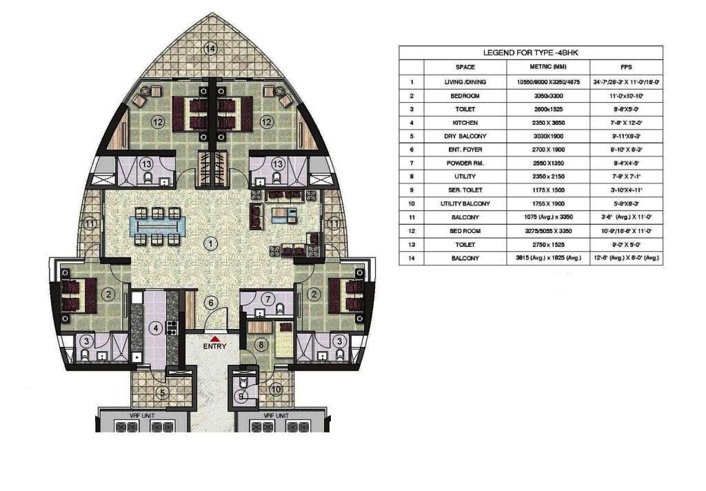 Floor plan of 4 BHK 2906 Sq. Ft. Apartment in Jaypee The Tiara NRI Tower, Noida
