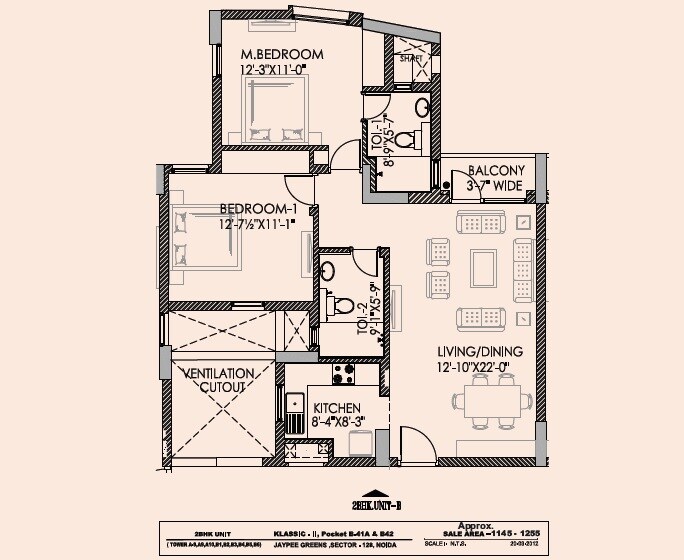 Floor plan of 2 BHK 1145 Sq. Ft. Apartment in Jaypee Wish Town Klassic, Noida