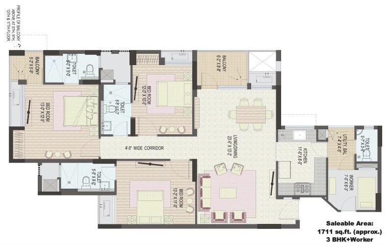 Floor plan of 3 BHK 1711 Sq. Ft. Apartment in Jaypee Wish Town Klassic, Noida
