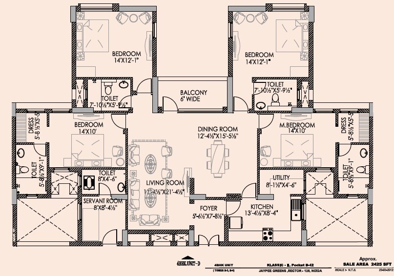 Floor plan of 4 BHK 2425 Sq. Ft. Apartment in Jaypee Wish Town Klassic, Noida