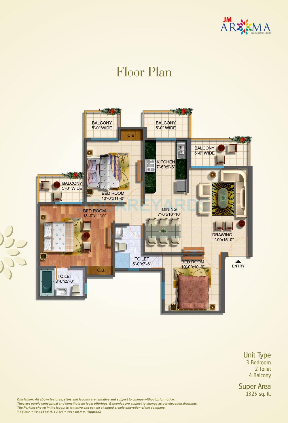 Floor plan of 3 BHK 1325 Sq. Ft. Apartment in JM Aroma, Noida