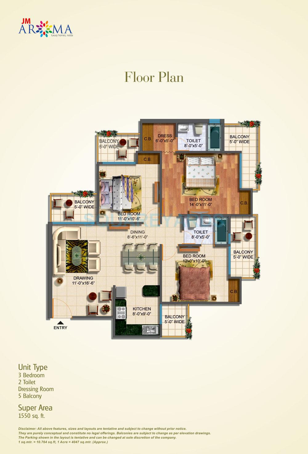 Floor plan of 3 BHK 1550 Sq. Ft. Apartment in JM Aroma, Noida