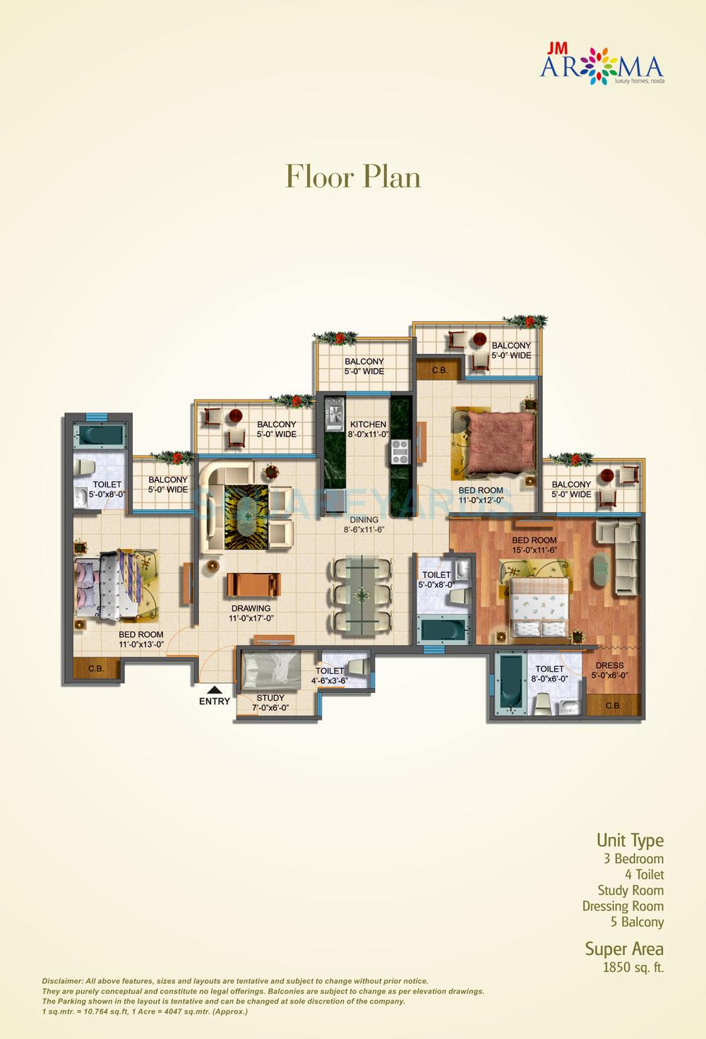 Floor plan of 3 BHK 1850 Sq. Ft. Apartment in JM Aroma, Noida